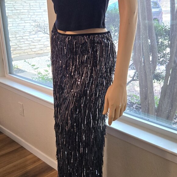 Anthropologie Black Sequined Sequin Fringe Party Trousers Pants 14 Maeve - Picture 4 of 4